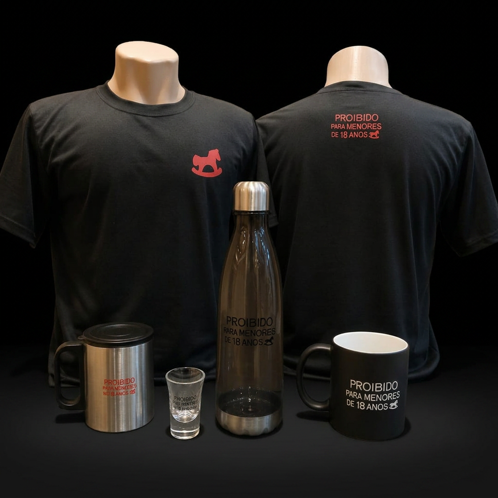 Camisetas, canecas, garrafa e copo oficiais da peça Proibido para Menores de 18 Anos sobre a mesa